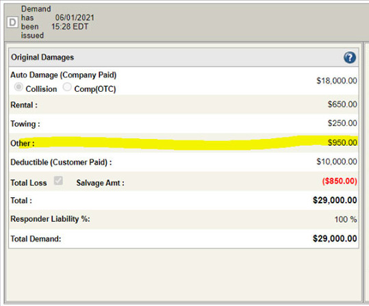 Screenshot of original damages