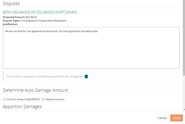 Screenshot of the damage decision entry page
