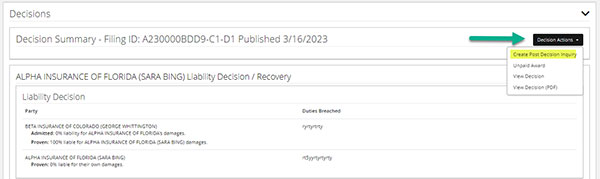 Screenshot of menu item for Create Post-Decision Inquiry