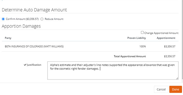 Screenshot of damage justification