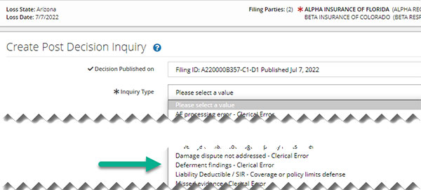 Screenshot of clerical error option