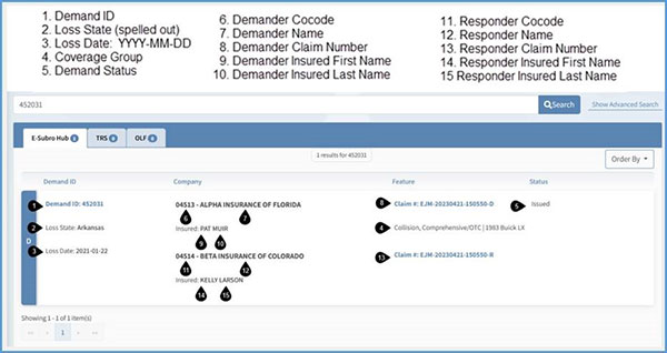 Screenshot of the E-Subro Hub fields